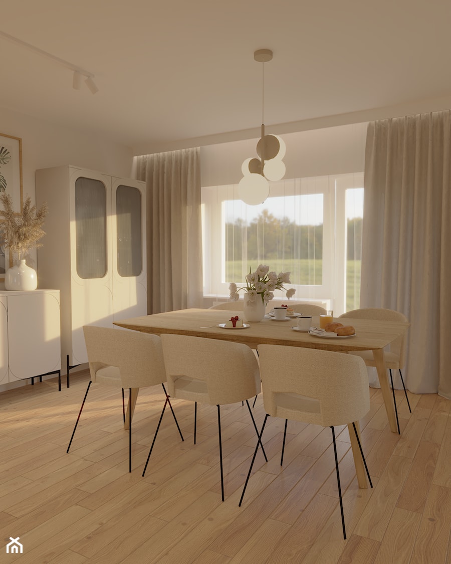 Salon beżowy z drewnianym stołem i krzesłami - zdjęcie od Kolorowy projekt Katarzyny - projektowanie wnętrz