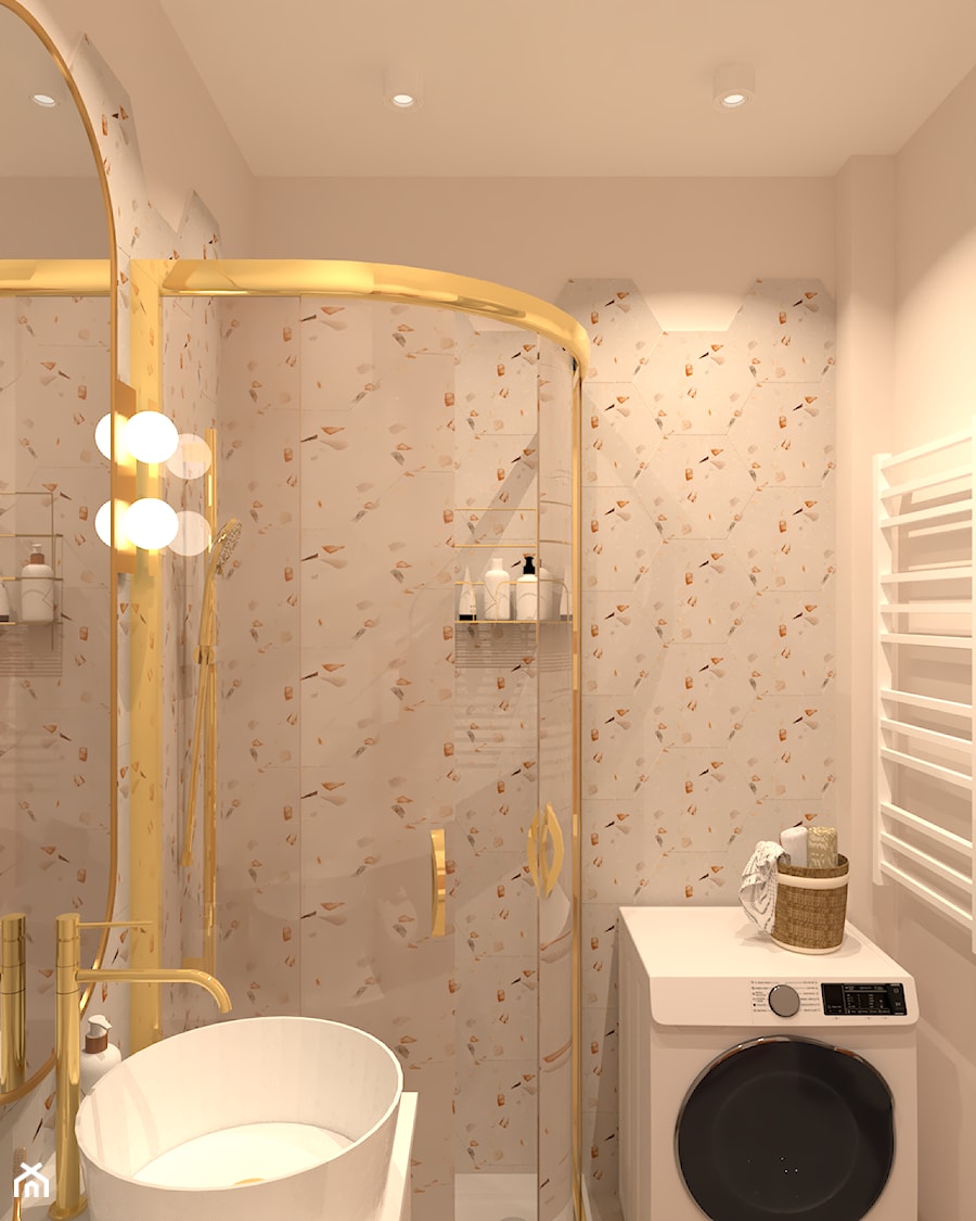 Łazienka z złotym prysznicem i heksagonalnymi płytkami lastryko - zdjęcie od Kolorowy projekt Katarzyny - projektowanie wnętrz