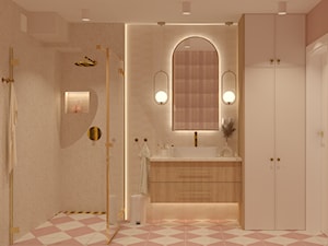 Różowo beżowa łazienka z złotymi elementami - zdjęcie od Kolorowy projekt Katarzyny - projektowanie wnętrz