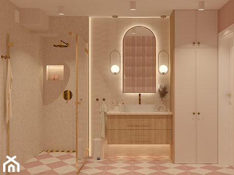 Aranżacje wnętrz - Łazienka: Różowo beżowa łazienka z złotymi elementami - Kolorowy projekt Katarzyny - projektowanie wnętrz . Przeglądaj, dodawaj i zapisuj najlepsze zdjęcia, pomysły i inspiracje designerskie. W bazie mamy już prawie milion fotografii!