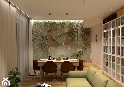 Salon z tapetą na ścianie - zdjęcie od Kolorowy projekt Katarzyny - projektowanie wnętrz