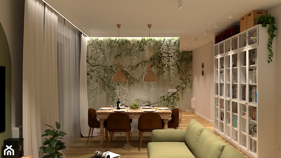 Salon z tapetą na ścianie - zdjęcie od Kolorowy projekt Katarzyny - projektowanie wnętrz
