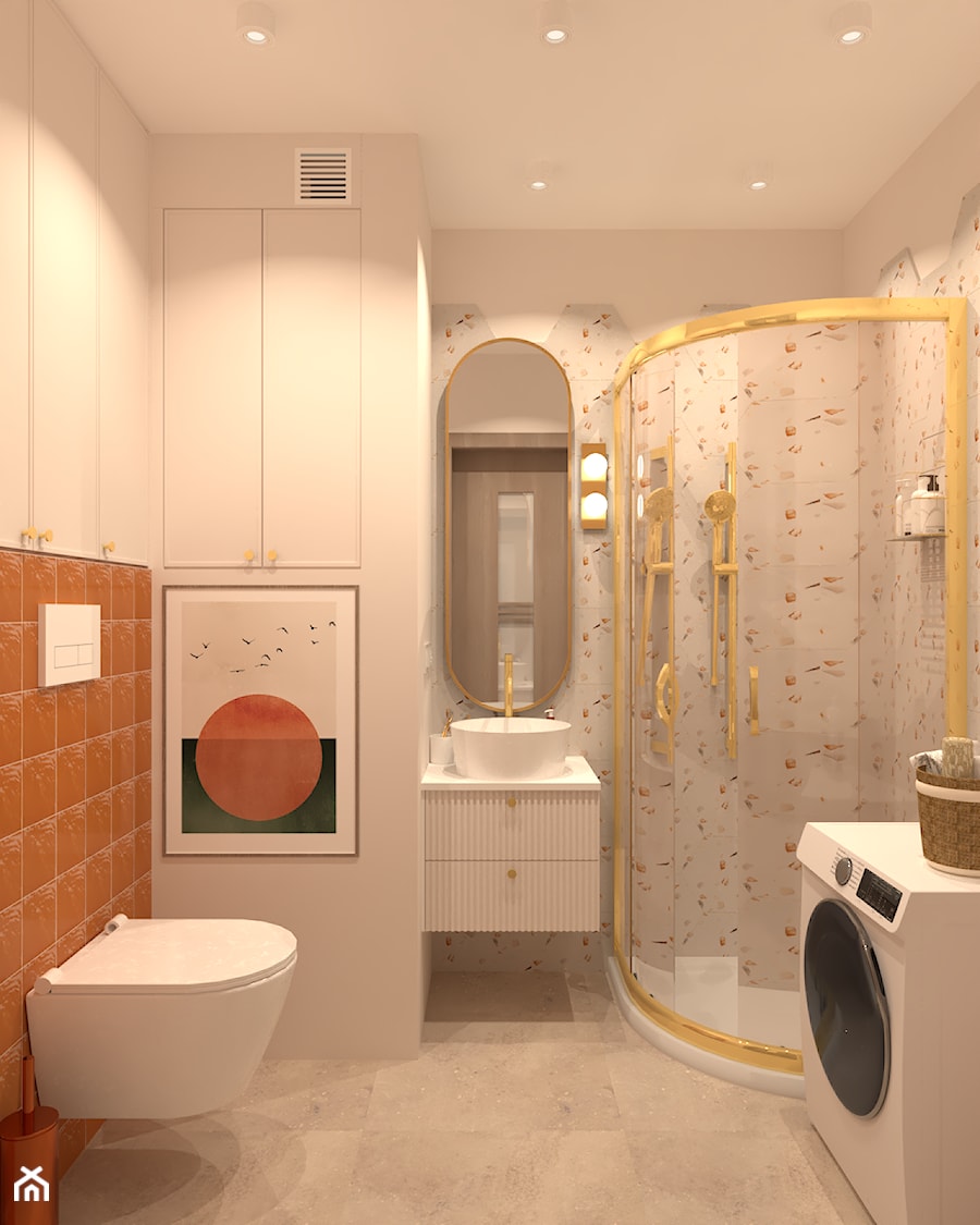 Łazienka z ceglanymi płytkami i złotym prysznicem - zdjęcie od Kolorowy projekt Katarzyny - projektowanie wnętrz