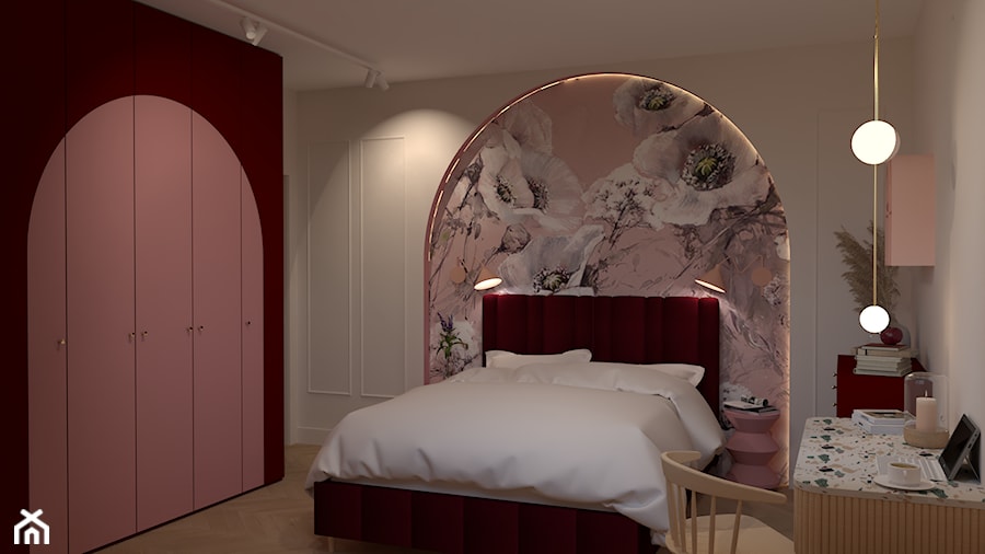 Sypialnia z tapeta i szafą z łukiem - zdjęcie od Kolorowy projekt Katarzyny - projektowanie wnętrz