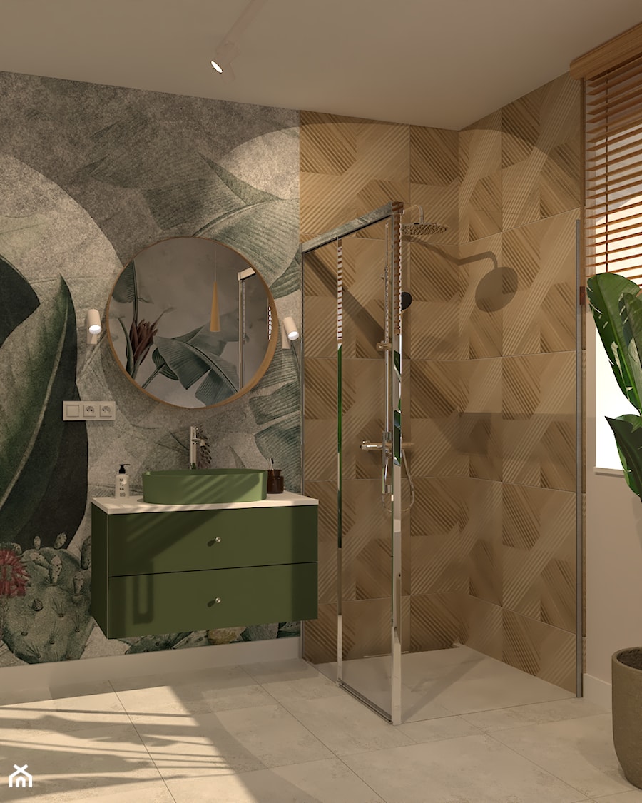 Zielona łazienka z tapetą na ścianie - zdjęcie od Kolorowy projekt Katarzyny - projektowanie wnętrz