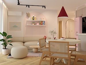 Salon z różowym łukiem na ścianie - zdjęcie od Kolorowy projekt Katarzyny - projektowanie wnętrz