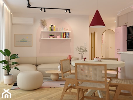 Aranżacje wnętrz - Salon: Salon z różowym łukiem na ścianie - Kolorowy projekt Katarzyny - projektowanie wnętrz . Przeglądaj, dodawaj i zapisuj najlepsze zdjęcia, pomysły i inspiracje designerskie. W bazie mamy już prawie milion fotografii!