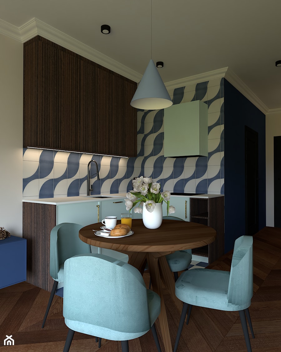 Kuchnia z miętowym okapem i szafkami - zdjęcie od Kolorowy projekt Katarzyny - projektowanie wnętrz