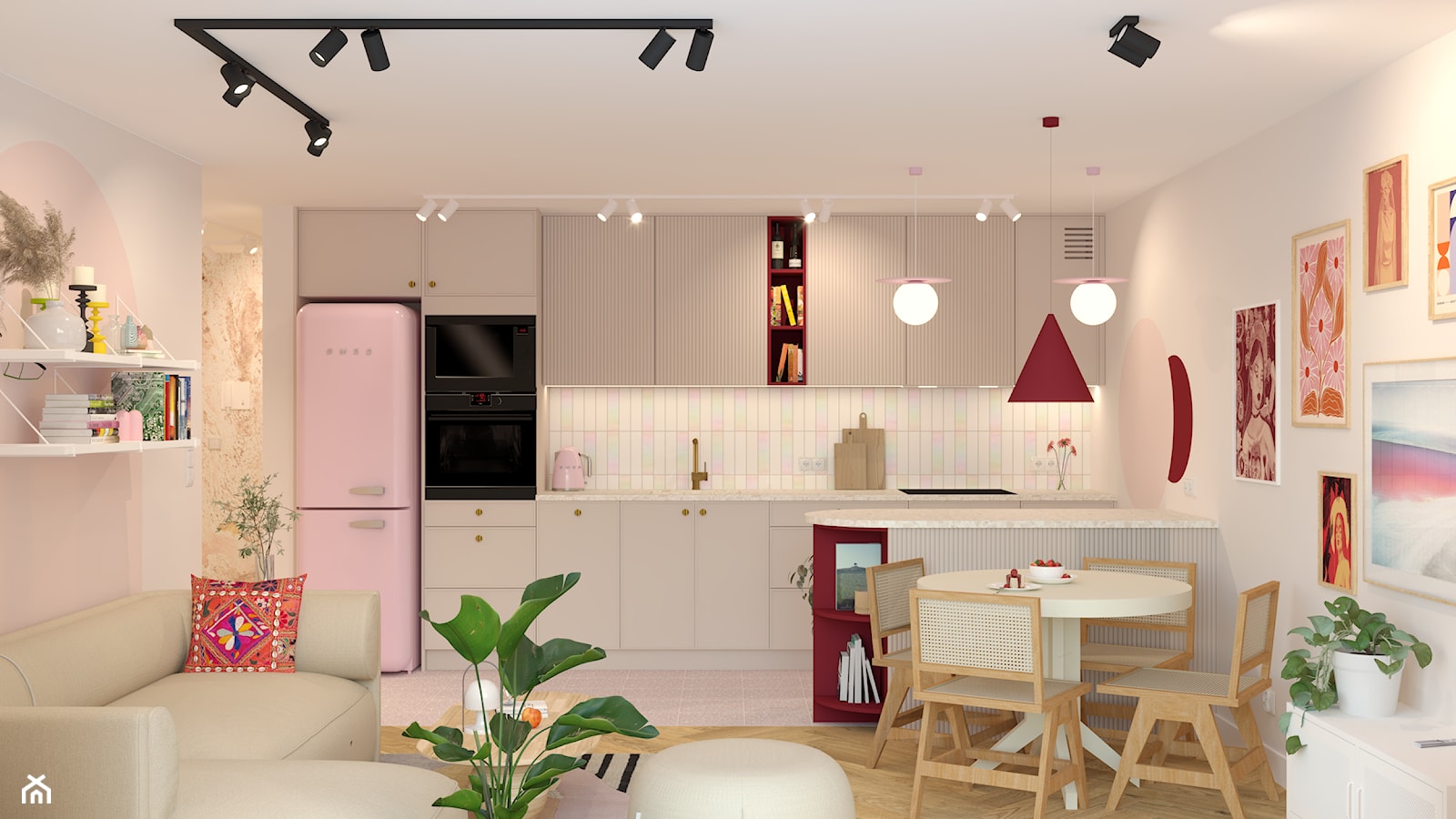 Kaszmirowa kuchnia z różowymi i bordowymi dodatkami - zdjęcie od Kolorowy projekt Katarzyny - projektowanie wnętrz - Homebook