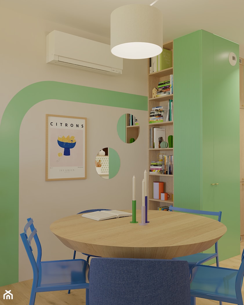 Rozkładany stół w salonie w stylu memphis - zdjęcie od Kolorowy projekt Katarzyny - projektowanie wnętrz - Homebook