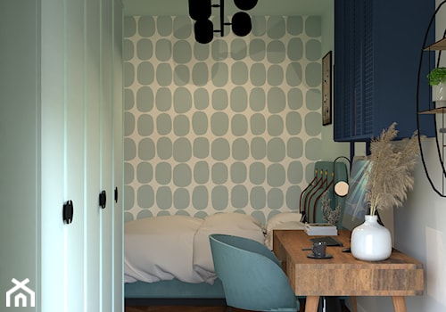 Sypialnia miętowa z nowoczesną tapetą. - zdjęcie od Kolorowy projekt Katarzyny - projektowanie wnętrz