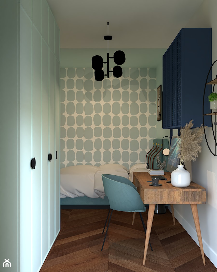 Sypialnia miętowa z nowoczesną tapetą. - zdjęcie od Kolorowy projekt Katarzyny - projektowanie wnętrz