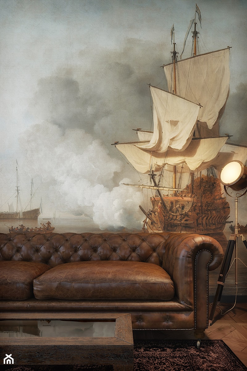 Męski salon w eleganckim stylu z tapetą o żeglarskim motywie - zdjęcie od Artemania - artystyczne tapety i pościel