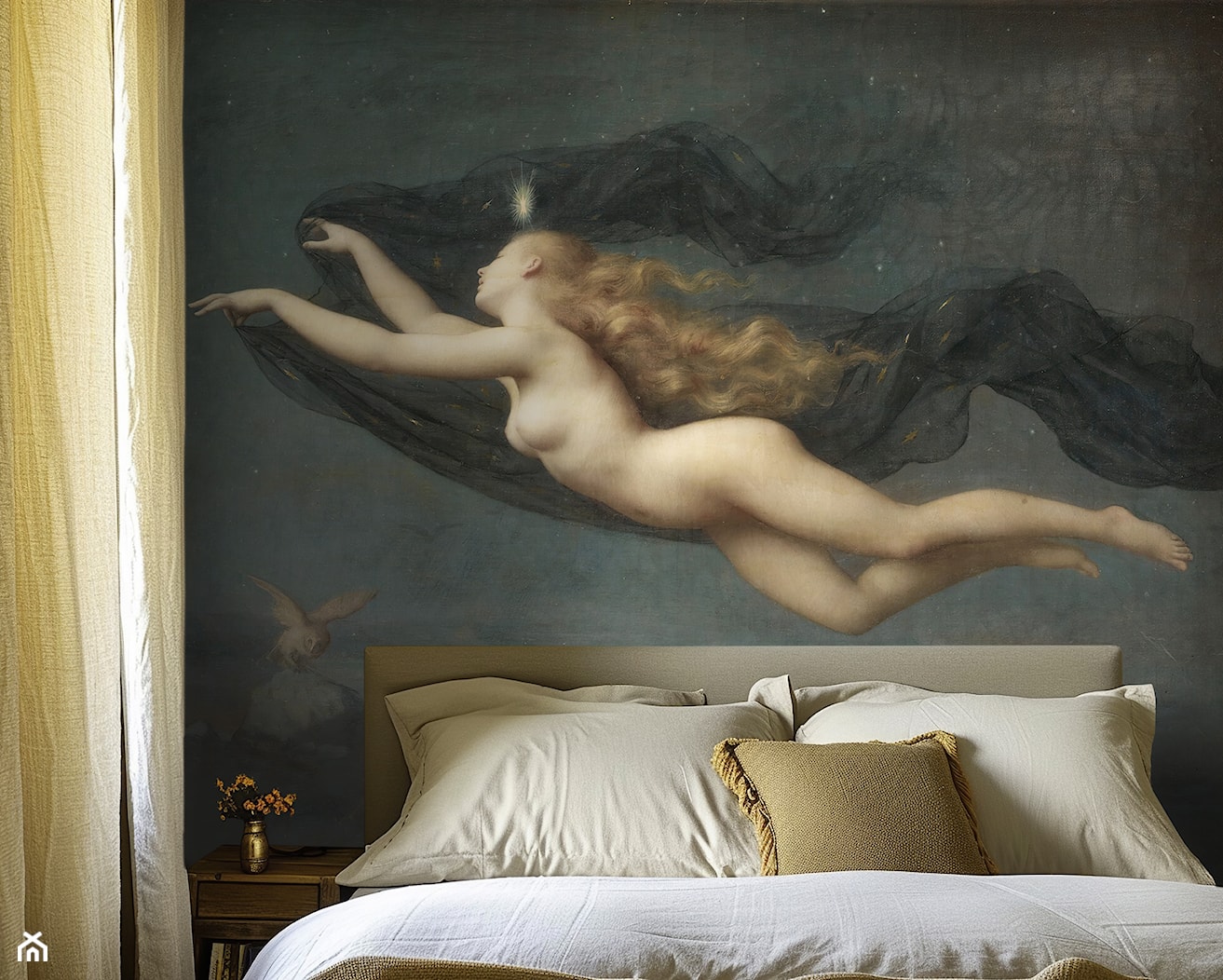 Tapeta z symbolicznym obrazem nad łóżkiem w sypialni - zdjęcie od Artemania - artystyczne tapety i pościel - Homebook
