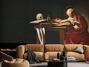 Maksymalistyczna tapeta z obrazem Caravaggia w nastrojowym, nowoczesnym salonie