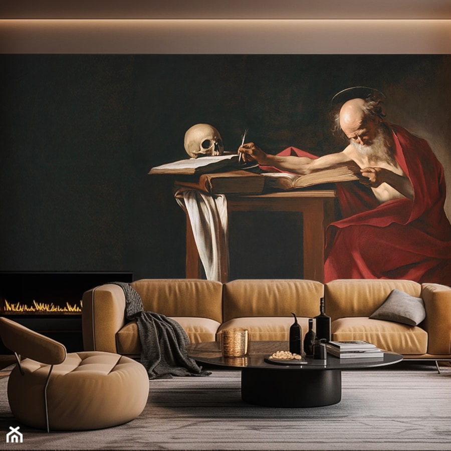 Efektowna ściana w salonie z tapetą - obrazem Caravaggia - zdjęcie od Artemania - artystyczne tapety i pościel - Homebook