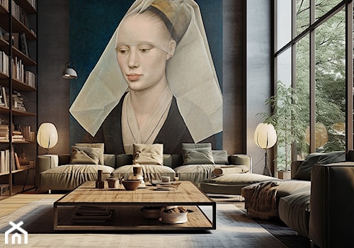 Salon w nowoczesnym stylu industrialnym z tapetą - starym obrazem - zdjęcie od Artemania - artystyczne tapety i pościel