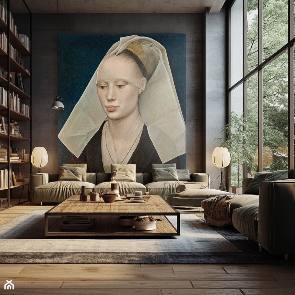 Tapeta z portretem gotyckiej damy w salonie w stylu loftowym - zdjęcie od Artemania - artystyczne tapety i pościel - Homebook
