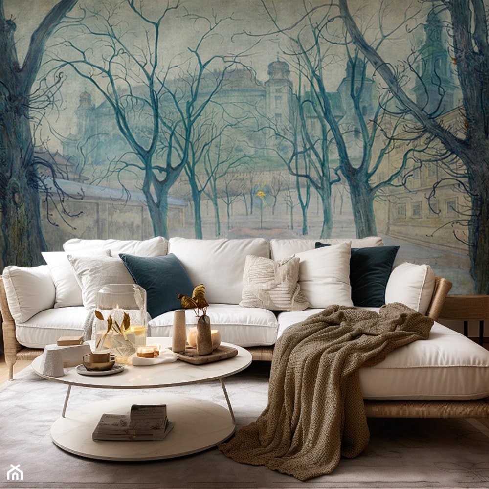 Tapeta z drzewami na długą ścianę w salonie - zdjęcie od Artemania - artystyczne tapety i pościel - Homebook