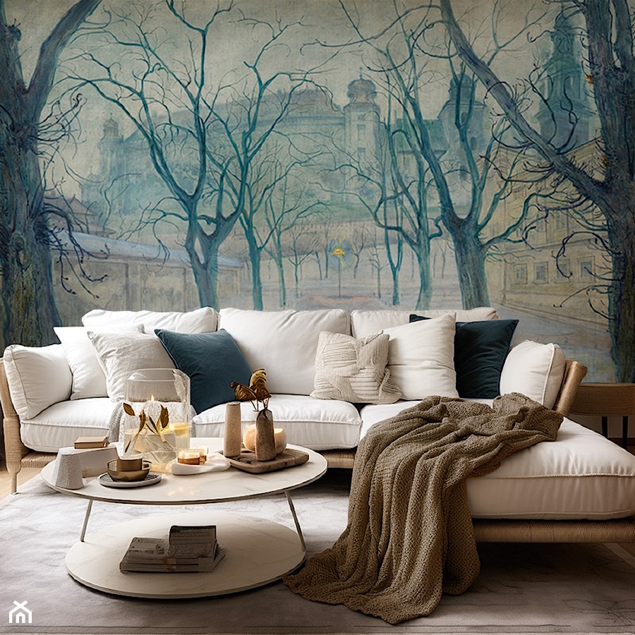 Tapeta z drzewami na długą ścianę w salonie - zdjęcie od Artemania - artystyczne tapety i pościel