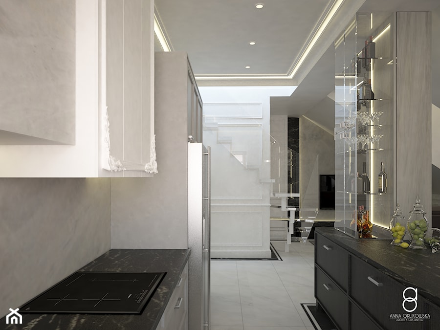 Apartament Zabrze - Średnia otwarta biała z zabudowaną lodówką kuchnia dwurzędowa, styl glamour - zdjęcie od ANNA ORLIKOWSKA ARCHITEKTURA WNĘTRZ