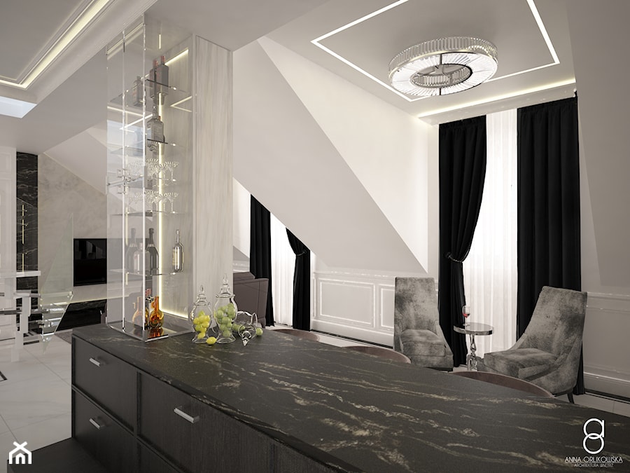 Apartament Zabrze - Średnia otwarta z salonem z kamiennym blatem biała kuchnia jednorzędowa z oknem, styl glamour - zdjęcie od ANNA ORLIKOWSKA ARCHITEKTURA WNĘTRZ
