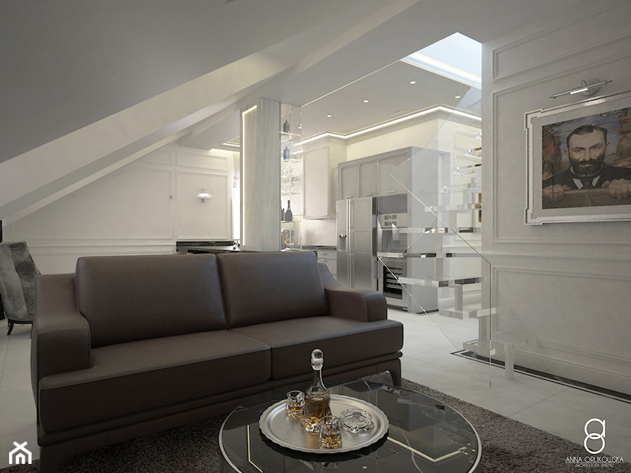 Apartament Zabrze - Mały biały salon z kuchnią z jadalnią, styl glamour - zdjęcie od ANNA ORLIKOWSKA ARCHITEKTURA WNĘTRZ