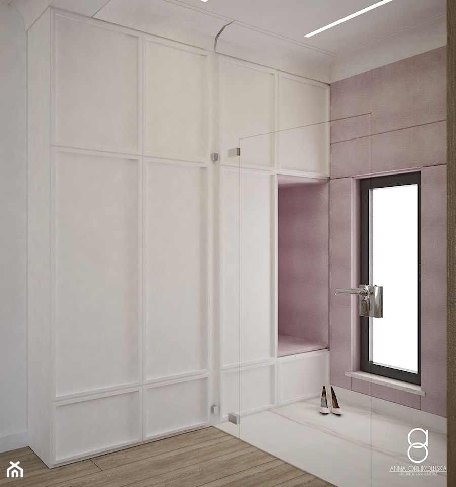 Dom Żory - Średni biały fioletowy hol / przedpokój, styl nowoczesny - zdjęcie od ANNA ORLIKOWSKA ARCHITEKTURA WNĘTRZ