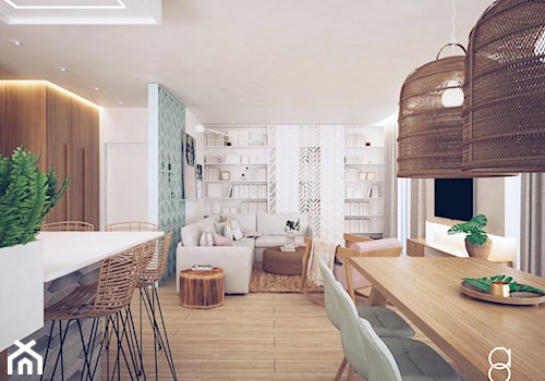 Mieszkanie Gliwice - Średni biały zielony salon z kuchnią z jadalnią z bibiloteczką, styl skandynaw ... - zdjęcie od ANNA ORLIKOWSKA ARCHITEKTURA WNĘTRZ