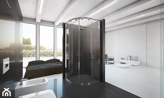 minimalistyczna łazienka, czarne płytki z połyskiem, kabina prysznicowa walk-in