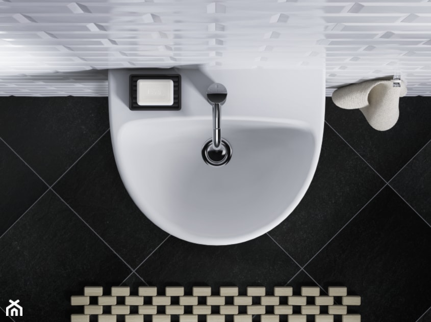 łazienka w stylu minimalistycznym, czarne płytki podłogowe, umywalka ścienna