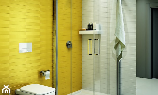 żółta ściana, biała ściana, nowoczesna łazienka