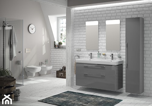 Aranżacje - Duża z dwoma umywalkami łazienka z oknem, styl skandynawski - zdjęcie od KOŁO