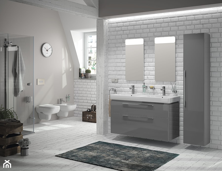 Aranżacje - Duża z dwoma umywalkami łazienka z oknem, styl skandynawski - zdjęcie od KOŁO