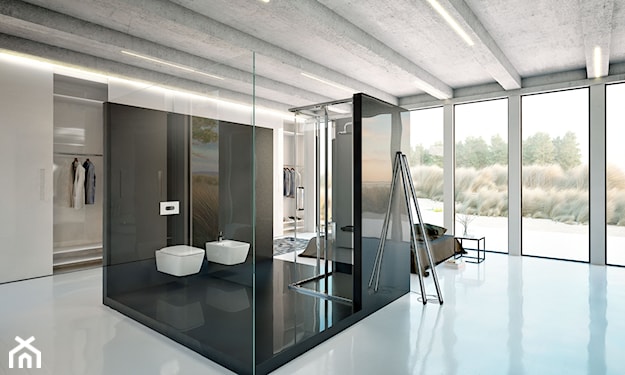 nowoczesna łazienka, czarne płytki podłogowe, biała podłoga