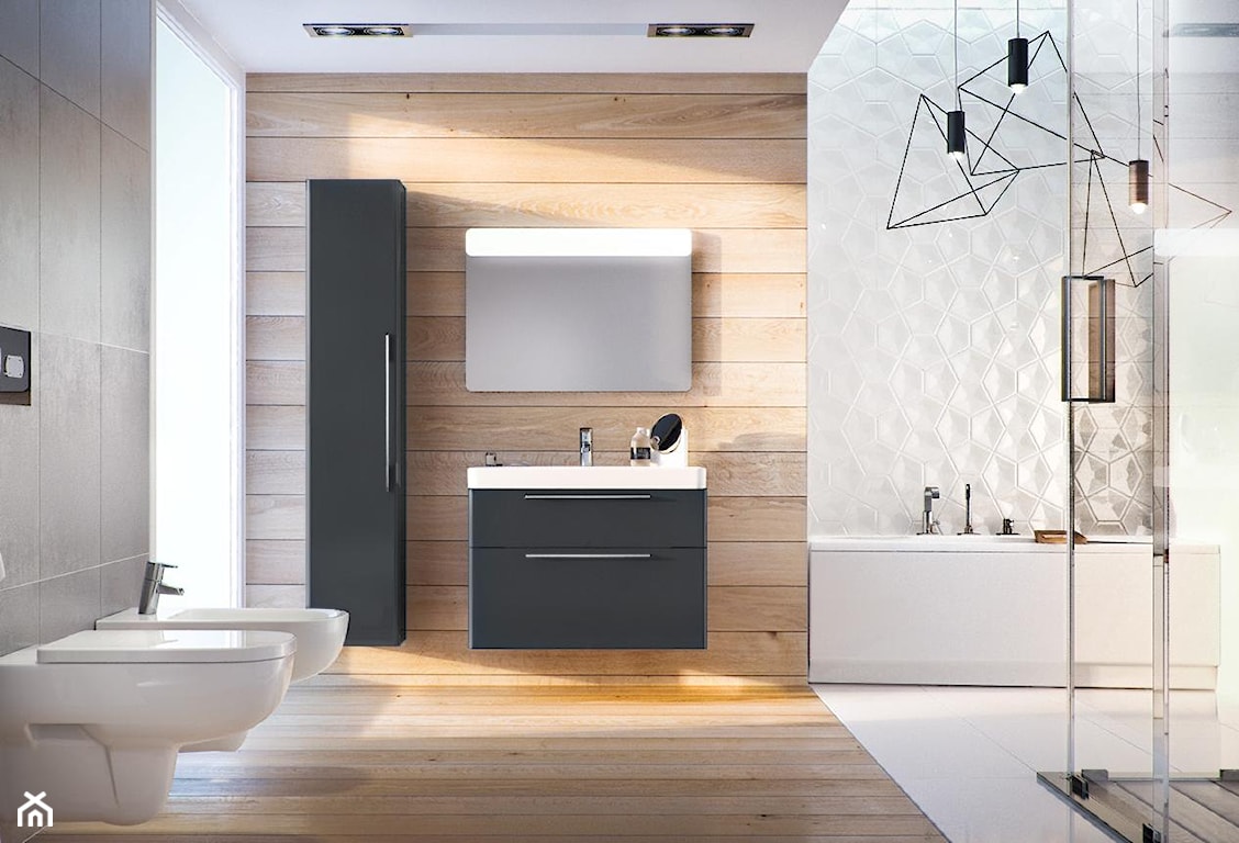 imitacja drewnianej ściany w łazience, białe płytki łazienkowe, druciane lampy wiszące w łazience