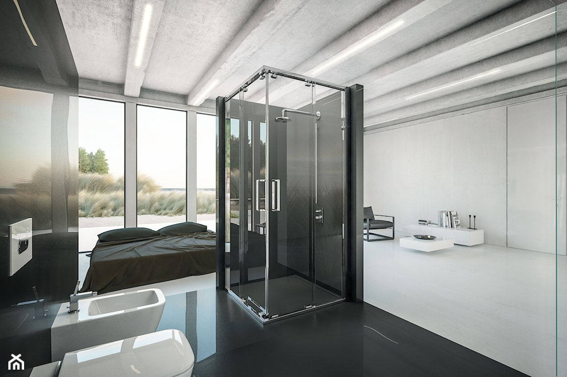 czarne płytki z połyskiem w łazience, kabina prysznicowa walk-in, minimalistyczna łazienka