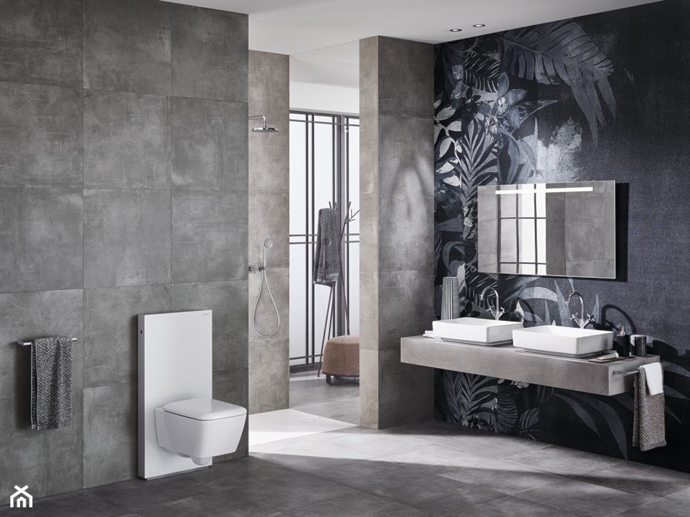 industrialna łazienka z płytkami inspirowanymi betonem, łazienka z dwiema umywalkami, umywalki nablatowe