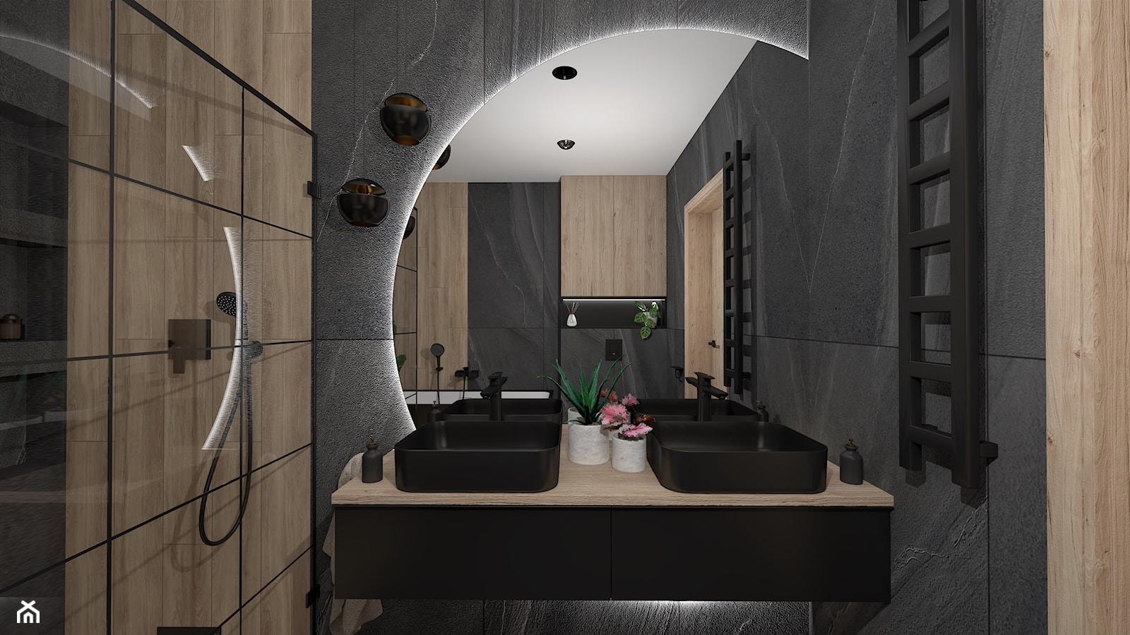 Ciemna łazienka z wanną i kabiną walk-in - zdjęcie od Sikorska Studio - Homebook