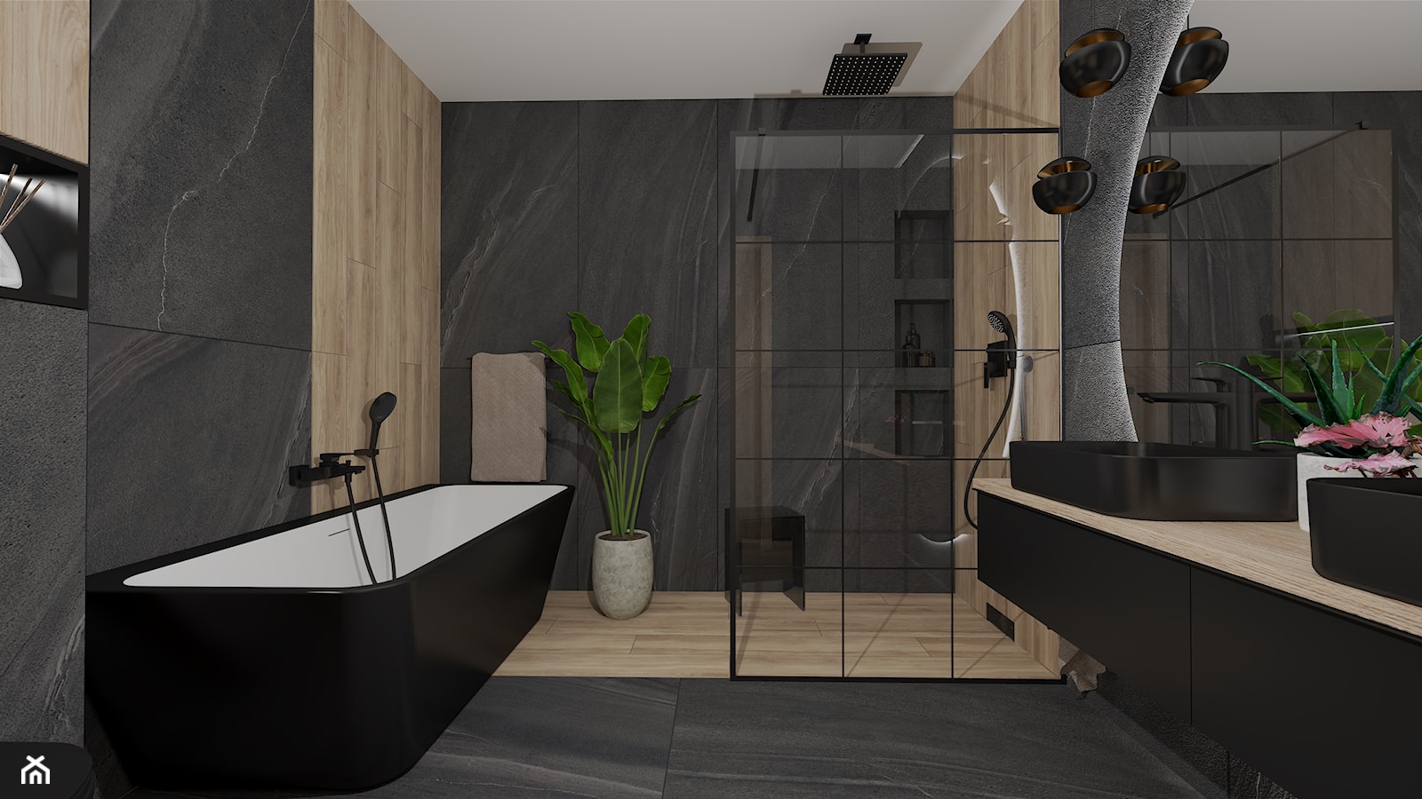 Ciemna łazienka z wanną i kabiną walk-in - zdjęcie od Sikorska Studio - Homebook