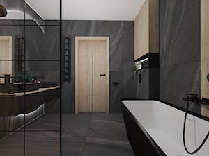 Ciemna łazienka z wanną i kabiną walk-in - zdjęcie od Sikorska Studio