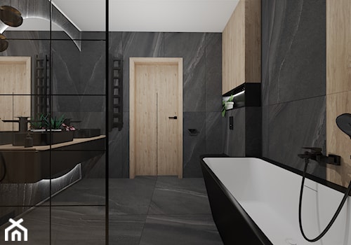 Ciemna łazienka z wanną i kabiną walk-in - zdjęcie od Sikorska Studio