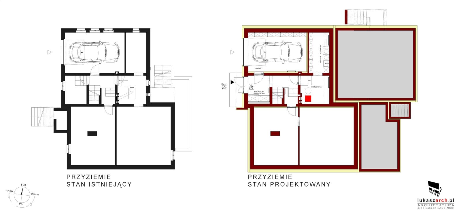 rzut PRZYZIEMIA - instniejacy / projektowany - zdjęcie od ŁUKASZ ŁADZIŃSKI ARCHITEKT - Homebook