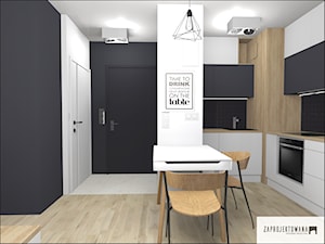 kawalerka - Mała otwarta z salonem beżowa biała czarna z zabudowaną lodówką z podblatowym zlewozmywakiem kuchnia w kształcie litery l, styl nowoczesny - zdjęcie od ZAPROJEKTOWANA