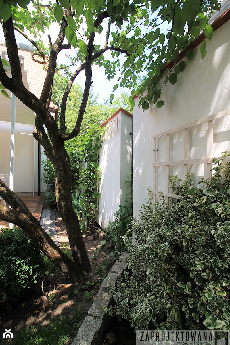 Prywatny ogród w barwach zieleni i bieli. - Średni z nawierzchnią pokrytą kostką brukową ogród w stylu skandynawskim za domem - zdjęcie od ZAPROJEKTOWANA