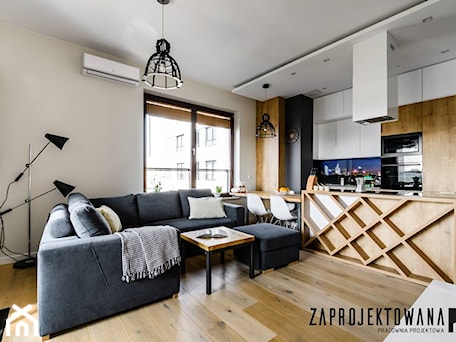 Aranżacje wnętrz - Salon: Apartament w stylu skandynawskim - Średni szary salon z kuchnią z jadalnią, styl nowoczesny - ZAPROJEKTOWANA. Przeglądaj, dodawaj i zapisuj najlepsze zdjęcia, pomysły i inspiracje designerskie. W bazie mamy już prawie milion fotografii!