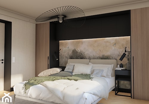 Sypialnia - mała, fototapeta, drewno, przytulna, czarna - zdjęcie od M8 Studio - Paula Tylek