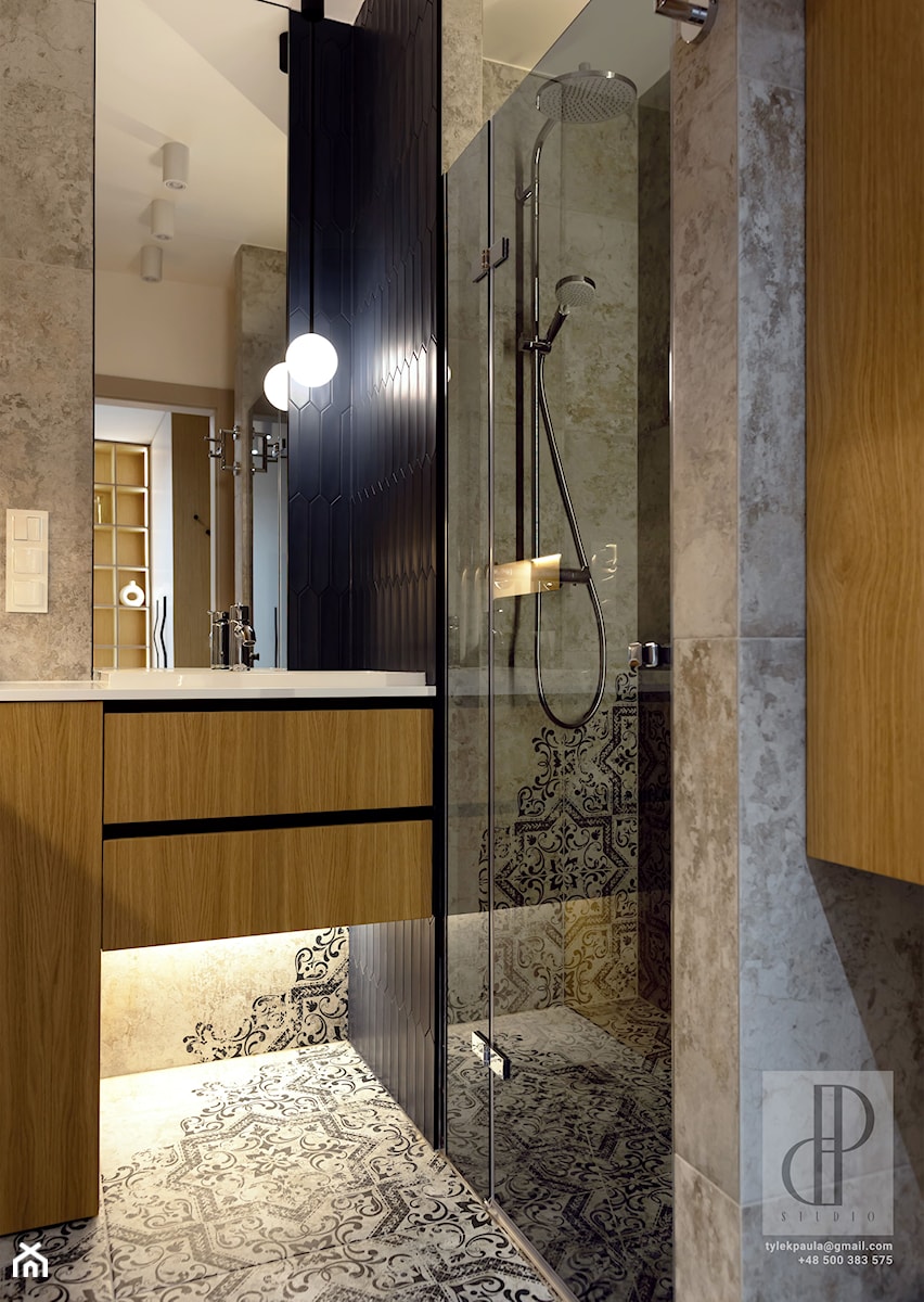 Łazienka - nowoczesna, niebieska, z prysznicem walk-in, lustro klejone, z pralką w zabudowie, fornir dąb - zdjęcie od M8 Studio - Paula Tylek