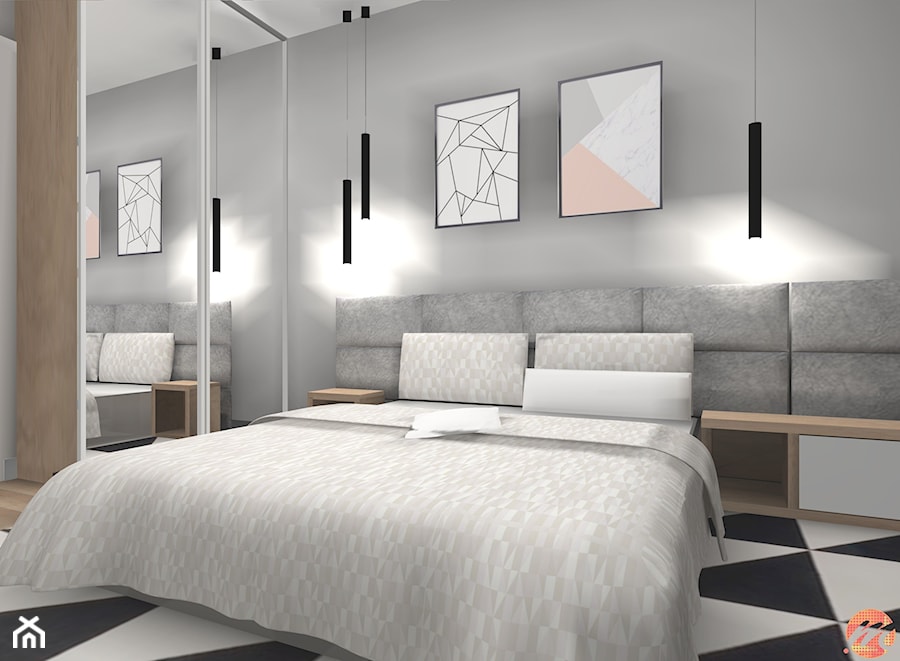 Apartament w bieli, drewnie i betonie. - Średnia szara sypialnia, styl nowoczesny - zdjęcie od Studio M Kropki. Projektowanie wnętrz i form użytkowych.