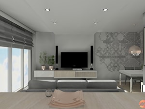 Apartament w bieli - Średni biały szary salon z jadalnią, styl nowoczesny - zdjęcie od Studio M Kropki. Projektowanie wnętrz i form użytkowych.